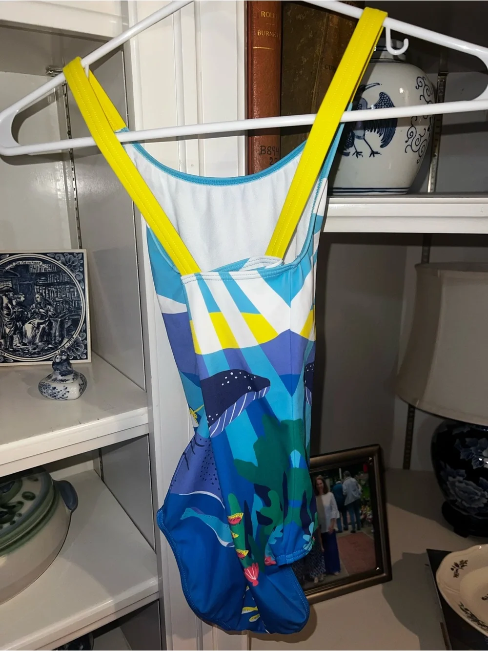 Boden Blue Ocean Whale One-Piece Swimsuit with Yellow Straps